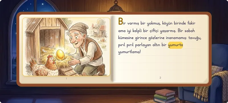 Masal okuma ekranı: okunan sözcük vurgulanmış.
